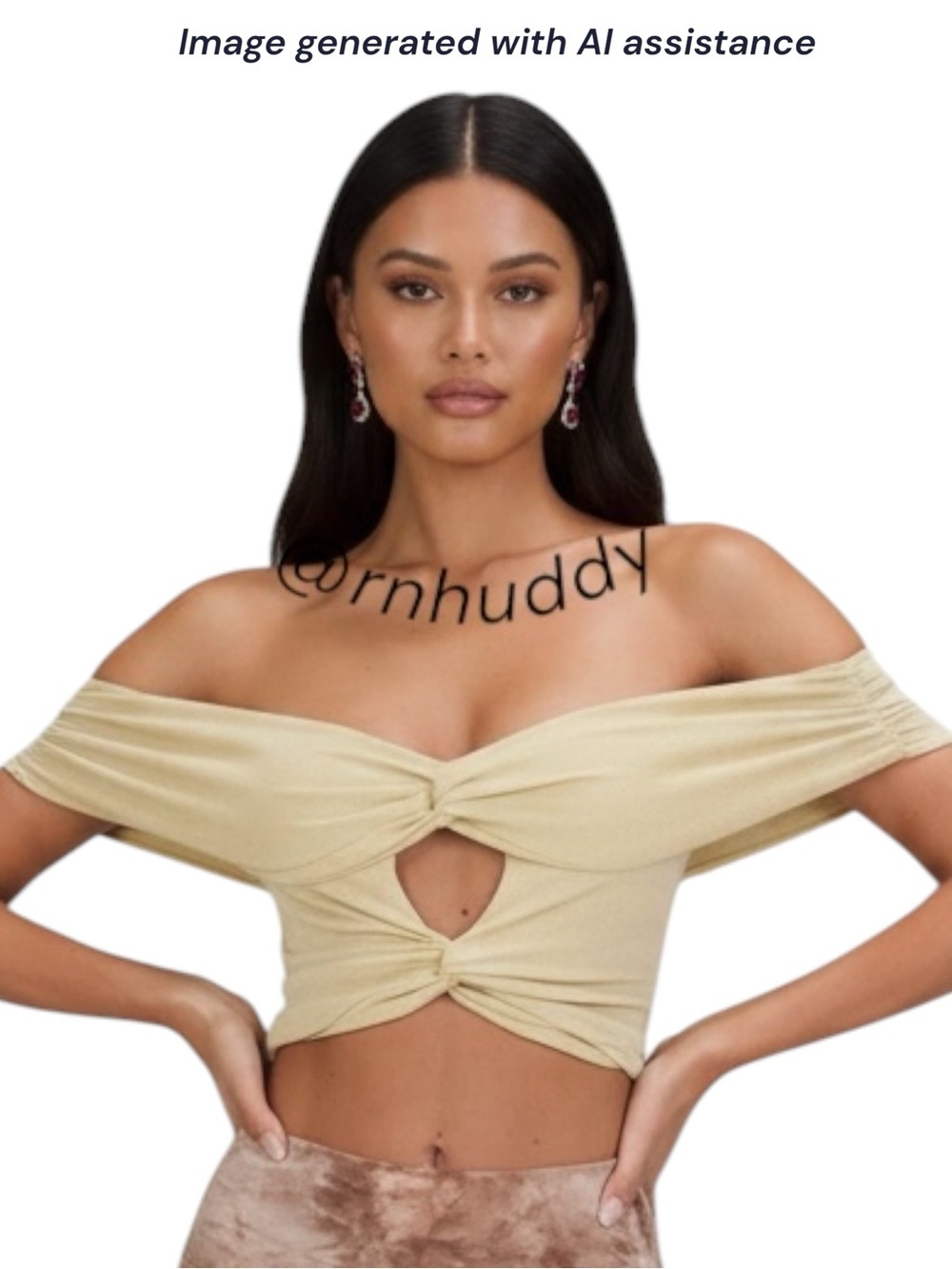 Tiger Mist S gold cream twist off shoulder top